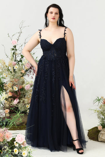 A Line Spaghetti Straps Navy Plus Size Ball Dress with Appliques